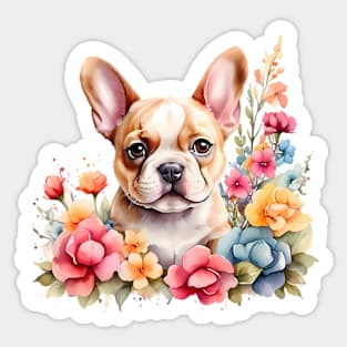 A french bulldog  decorated with beautiful watercolor flowers Sticker